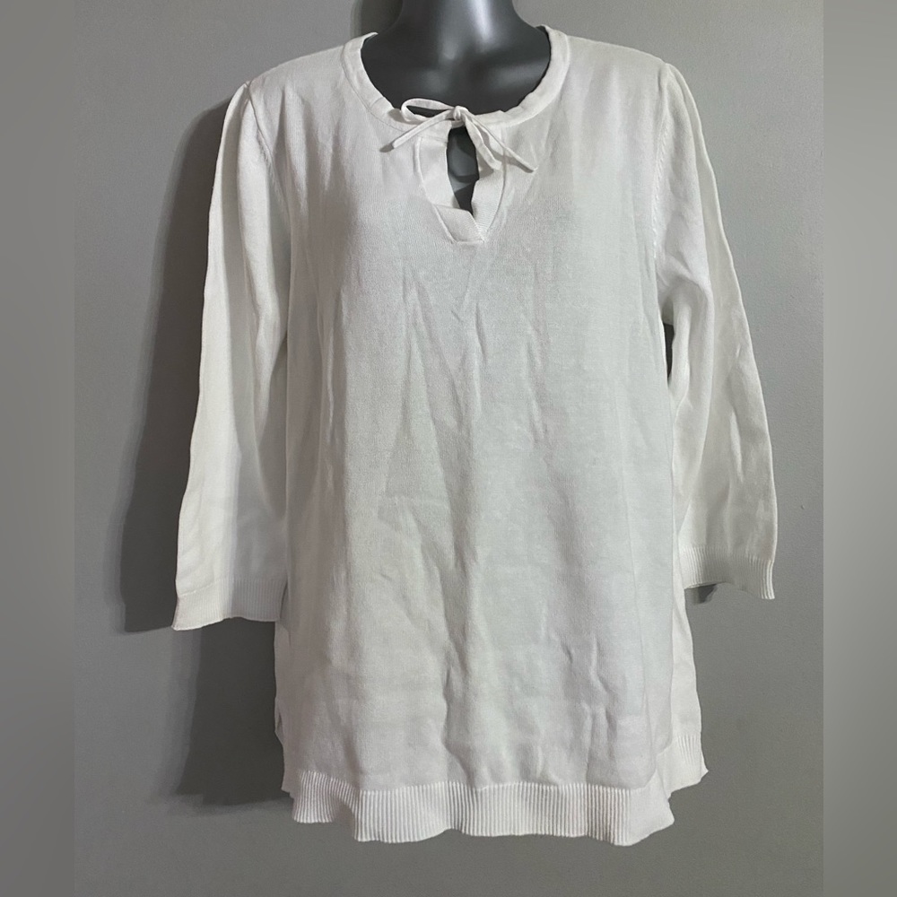 Talbots White 3/4 Sleeve Tie Neck Sweater Size XL